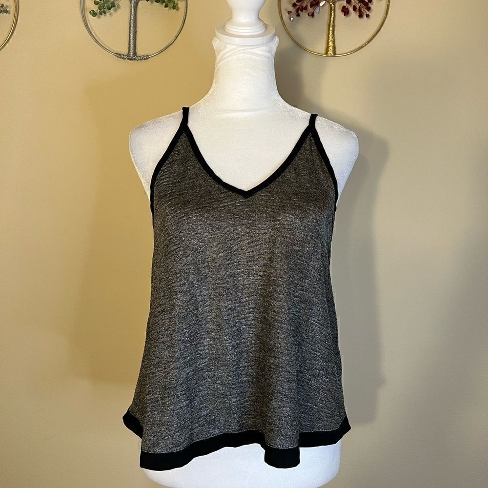 Tildon Ripple Textured Gray / Silver Semi Sheer Tank Top Black Trim Deep V XS